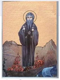 Icon of Saint Mar Okeen between the monastery, the mountains and the sea