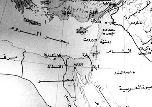 A historical Arabic map showing al-Qulzum at the head of the Gulf of Suez, with Fustat, Alexandria and the Levant